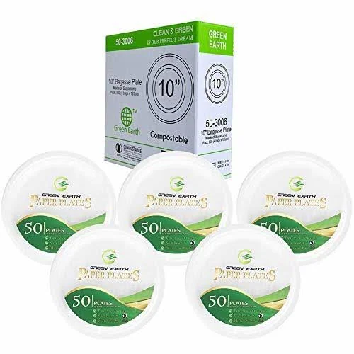 Green Earth - Natural Bagasse (Sugarcane Fiber) Tree Free 10x22 Paper Plate - Biodegradable, Compostable (500 Counts Disposable