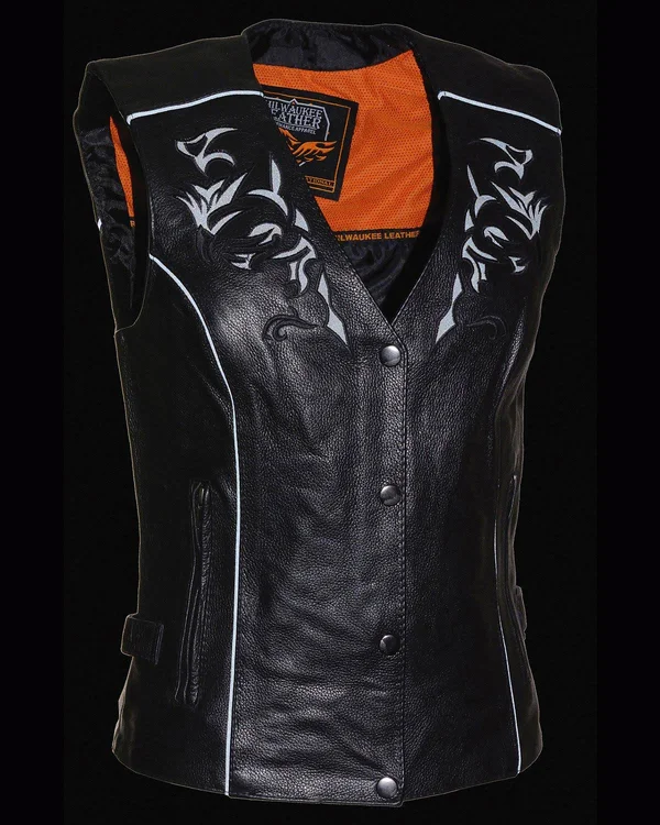Milwaukee Leather Womens Leather Vest Reflective Tribal Design, Piping, Black