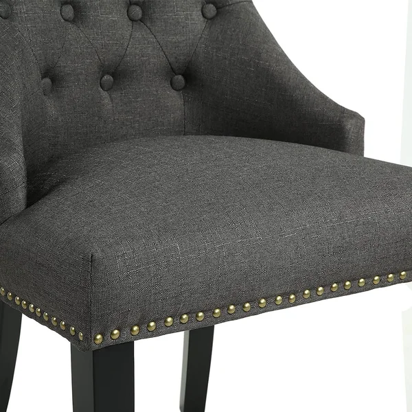 LSSBOUGHT Set of 2 Fabric Dining Chairs Leisure Padded Chairs with Black Solid Wooden Legs, Nailed Trim, Charcoal