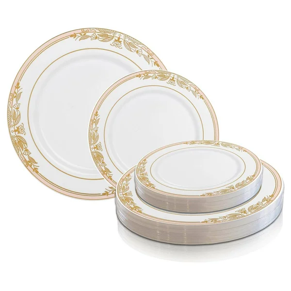 120 Plates, 10.25x22 White with Pink and Gold Harmony Rim Plastic Dinner Plates
