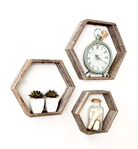 Barnwoodusa Rustic Hexagon Set of 3 Shelves - 100 Percent Reclaimed Wood - Weathered Gray