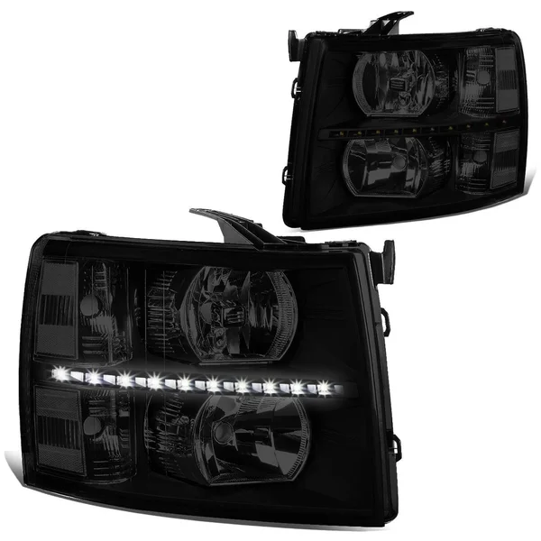 DNA Motoring for 07-14 Chevy Silverado 1500 2500 3500 LED DRL Strip Headlight Smoked Housing Clear Corner Headlamp 08 09 10 11