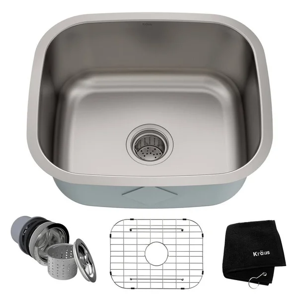 Kraus KBU11 Premier Undermount 20-in 16g 1-Bowl Satin Stainless Steel Kitchen Sink - Grid, Strainer, Towel (As Is Item), Silver