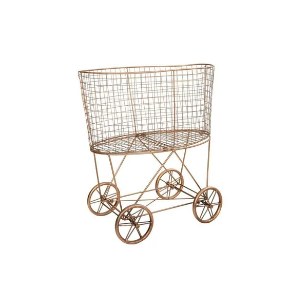 Creative Co-op Vintage Metal Laundry Basket with Wheels, Copper