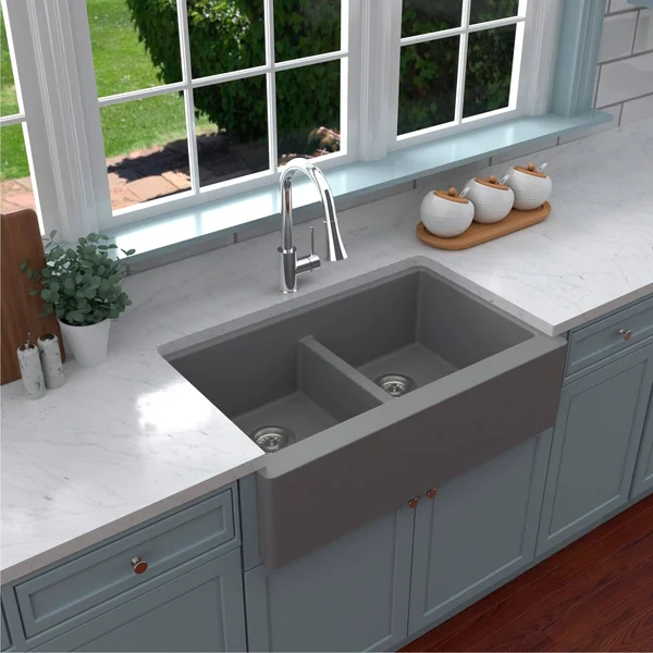 Karran Quartz Farmhouse Apron Front 34-in x 21.25-in White Double Equal Bowl Kitchen Sink, QA-750-WH-PK1