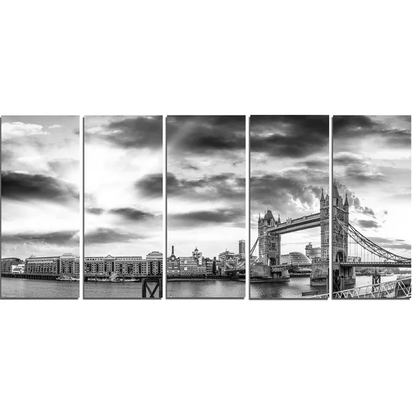 Design Art Black and White View of London Panorama - Cityscape Canvas Print - 60 in. Wide x 28 in. High - 5 Equal Panels
