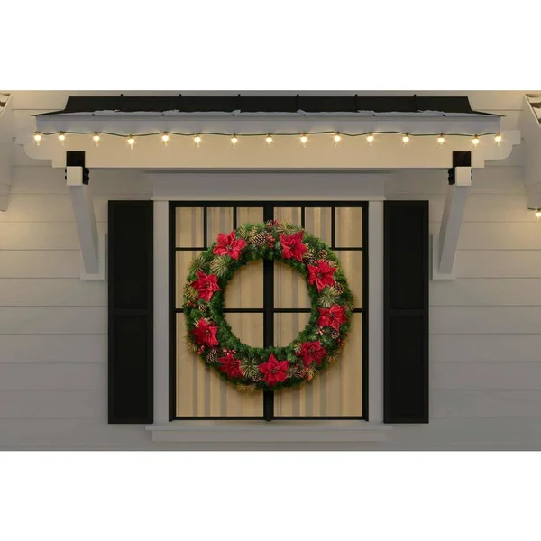 Home Holiday Accent 48 in. Burgundy Poinsettia Mixed Pine Wreath with Berries, Gold Glitter Cedar
