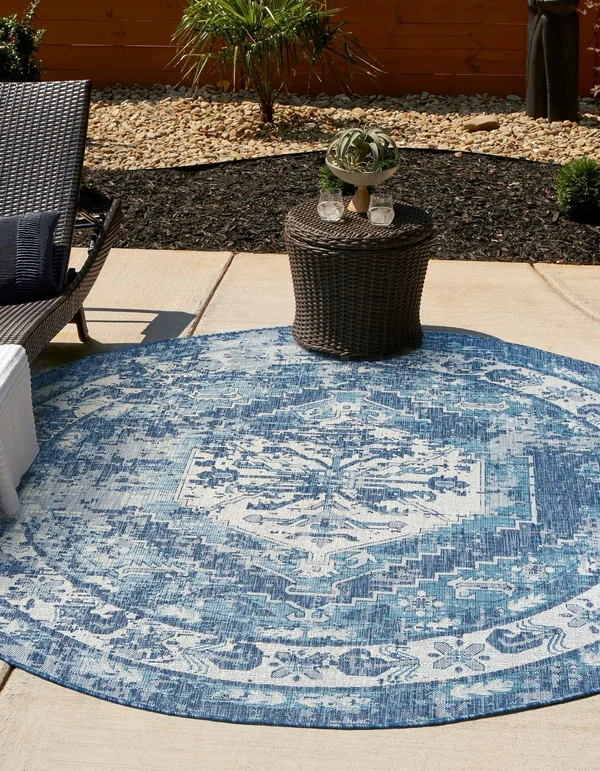 Outdoor Traditional 8 ft Round Blue Floral Area Rug Indoor Outdoor Rug