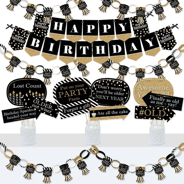 Big Dot of Happiness - Adult Happy Birthday - Gold - Banner and Photo Booth Decorations - Birthday Party Supplies Kit - Doterrif