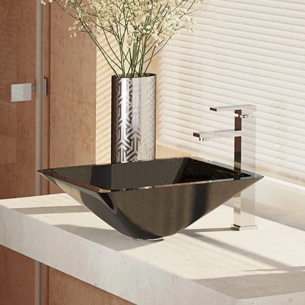 Rene R5-5003-NOR-R9-7003 16-1/2x22 Glass Vessel Bathroom Sink with Vessel Faucet Noir Dark, Chrome