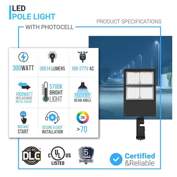 LEDMyplace 300W LED Outdoor Pole Light with Photocell 5700K Universal Mount Garden Lights