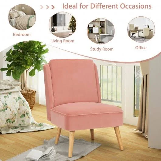 Velvet Accent Chair with Rubber Wood Legs for Living Room-Pink, Costway