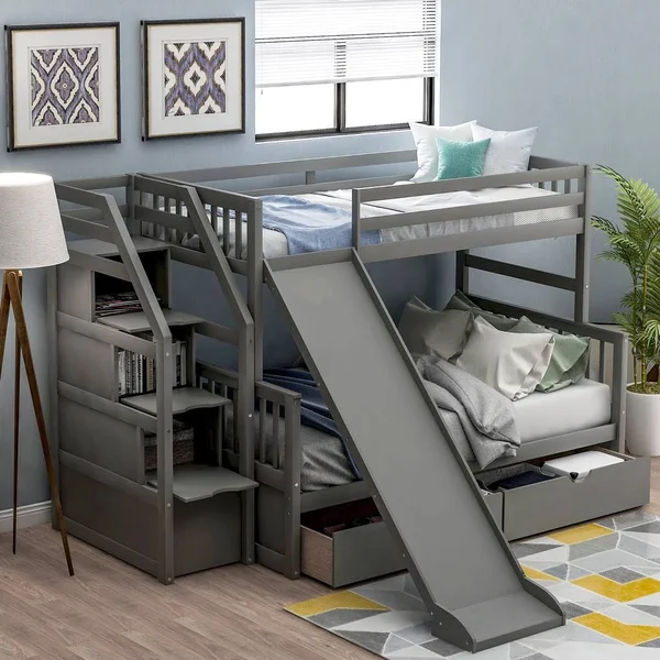 Euroco Wood Stairway Twin Over Full Bunk Bed with 3 Storage Drawers in - Black