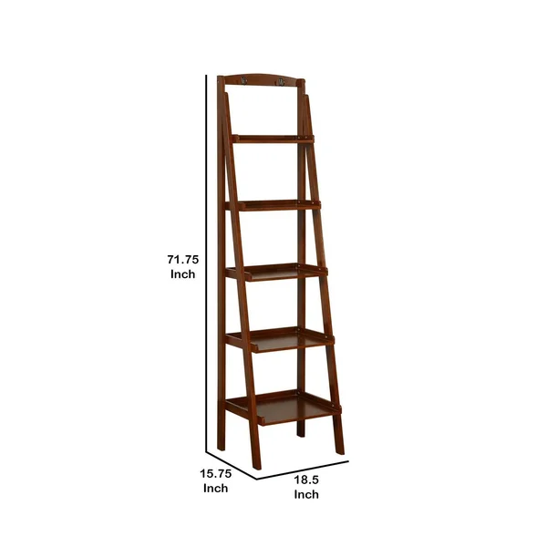 Benjara 72 Inches 5 Tier Wooden Ladder Bookcase with 2 Hooks - Brown
