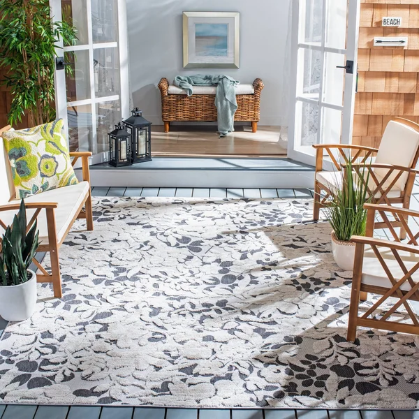 Safavieh Cabana Ivory/Charcoal 8 ft. x 10 ft. Floral Striped Indoor/Outdoor Area Rug