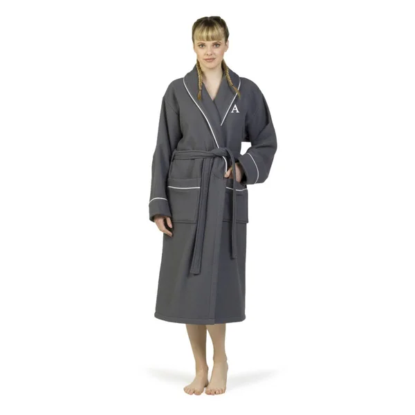 Linum Home Textiles Hotel Turkish Cotton Waffle Terry Bathrobe with Satin Piped Trim - Personalized - Dark Gray