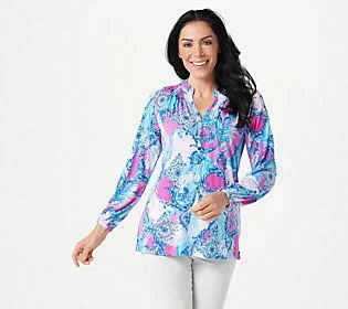 Belle by Kim Gravel Abstract Print V-Neck Knit Top, Size Medium, Pink/Turquoise