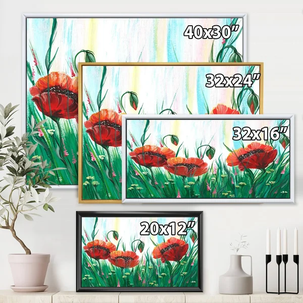 Designart 'Red Bright Poppy Flowers on A Green Meadow' Traditional Framed Canvas Wall Art Print - 40 in. Wide x 30 in. High - Go