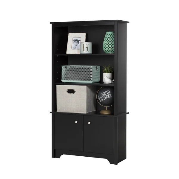 South Shore Vito 3 Shelf Bookcase with Doors Pure Black