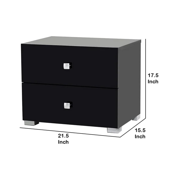 Benzara 2 Drawer Wooden Nightstand with Square Shaped Metal Pulls - Black and Silver - Bm219305