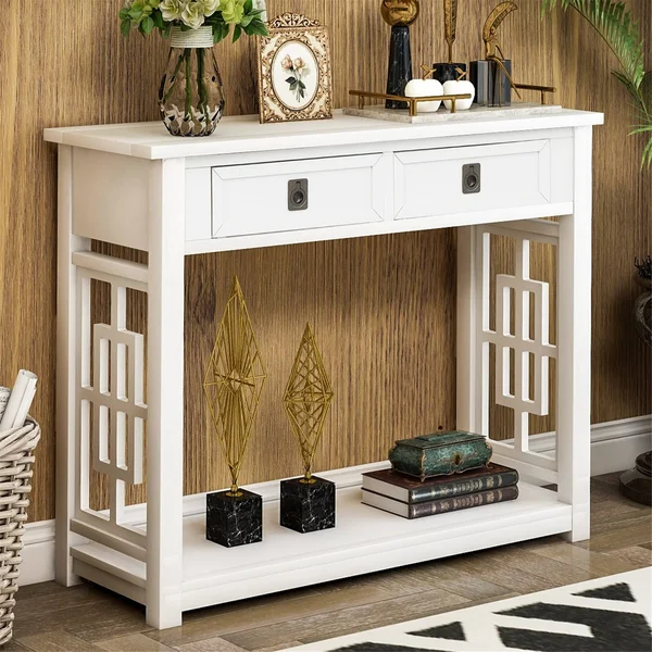 Console Table with 2 Drawers and Bottom Shelf (White)