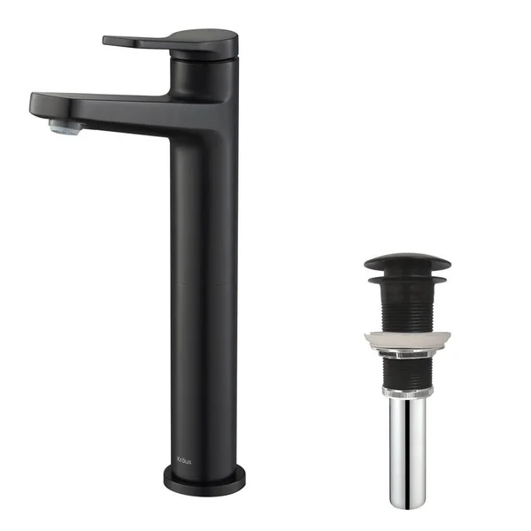 Kraus KBF-1401MB-PU-11MB Indy Single Handle Bathroom Faucet Matte Black & Pop Up Drain with Overflow