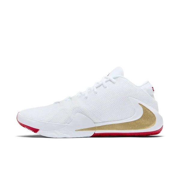 Mens - Nike Zoom Freak 1 Basketball Shoes - White/Metallic Gold/University Red, Size 10
