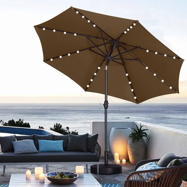 Ainfox 9ft Patio Umbrella with LED Lights & Round Base - Brown, 9 x 9 x 7.61ft