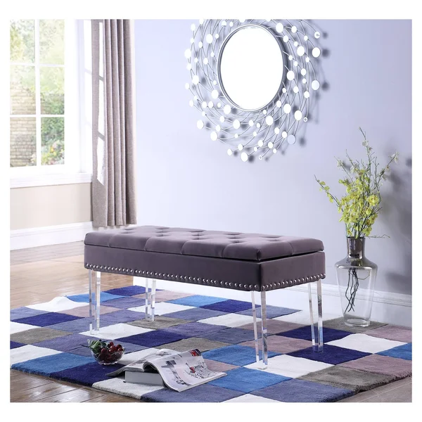 Ore International 18x22 Brown Tufted Mid-Century Storage Bench Nailhead Trim w/ Acrylic Clear Legs