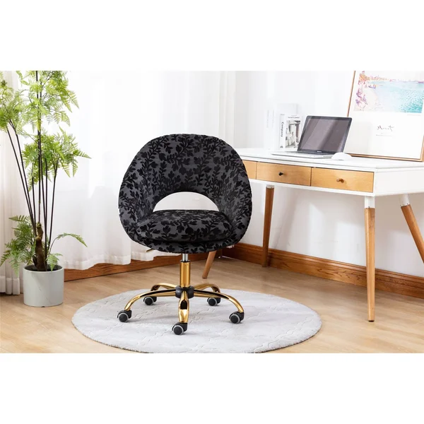 Velvet Swivel Upholstered Adjustable Height Home Office Chair - Black