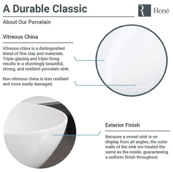 Rene R2-5018-B-R9-7009-BN Biscuit Porcelain Vessel Sink with Brushed Nickel Vessel Faucet and Vessel Pop-Up Drain, 21" x 16