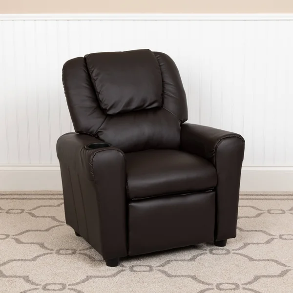 Lancaster Home Contemporary Yellow Vinyl Kids Recliner with Cup Holder and Headrest