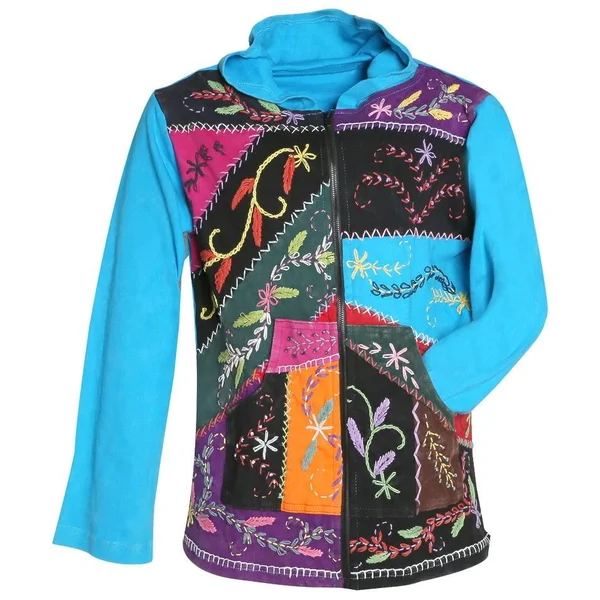 Women's Zip Front Hoodie - Folk Art Hand-Embroidered Sweatshirt