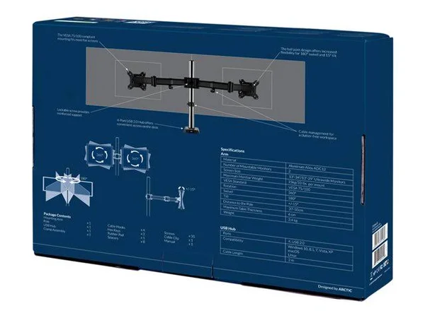 Arctic Z2 (Gen 3) Dual Monitor Arm with 4-Port USB 2.0 Hub, Up to 34