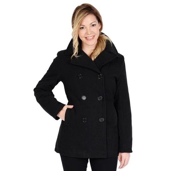 Excelled F2E4104RL Ladies Faux Wool Double Breasted Peacoat, Charcoal - Small