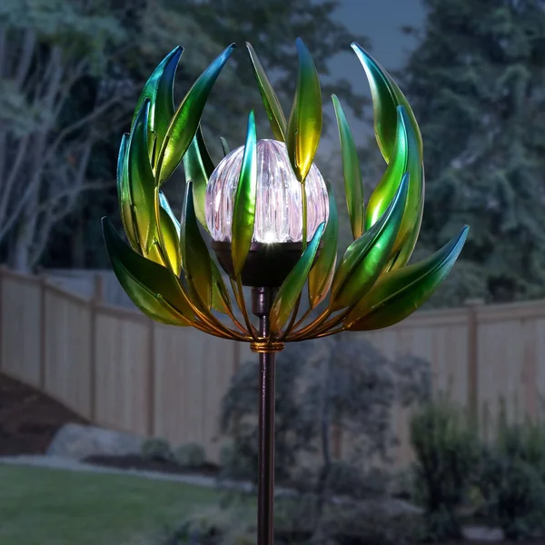 Exhart Solar Spinning Flower with LED Crackle Ball 3.48 ft. Green Metal Garden Stake