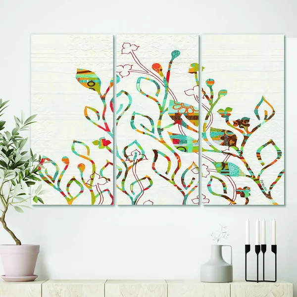 Designart &Rainbow Coloured Vines and Flowers& Cabin & Lodge Canvas Wall Art - 48 in. Wide x 32 in. High - 3 Panels