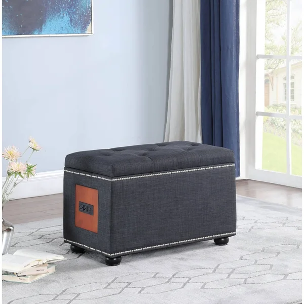 Ore International HB4854 19 in. Dark Gray Melo Tufted Nailhead Trim Storage Ottoman with Charging Station