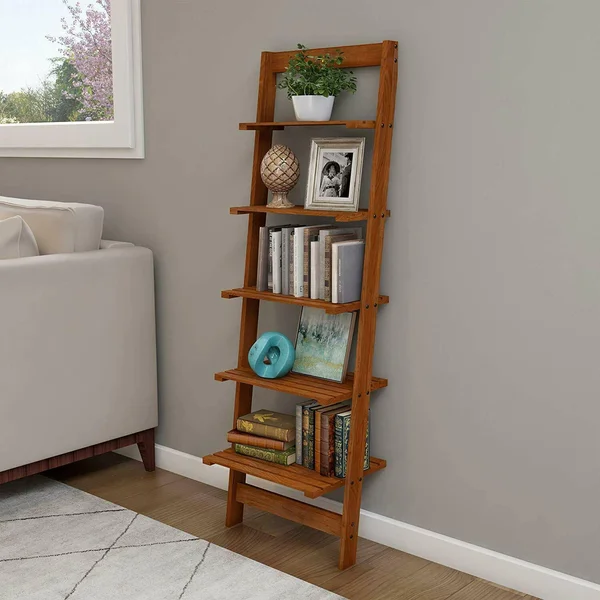Ladder Shelf Modern Home Decor Cherry Wood Book Display Decorative Collectibles