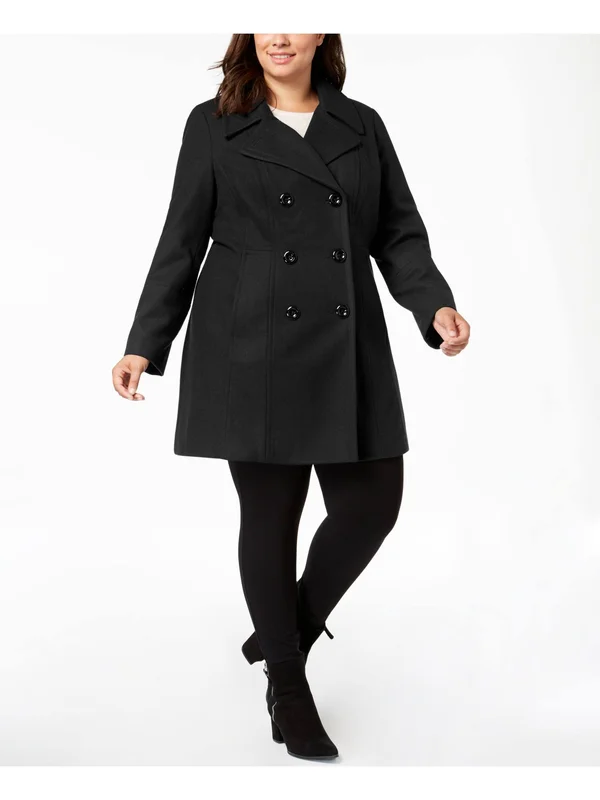 Anne Klein Plus Womens Wool Double-Breasted Pea Coat, Black