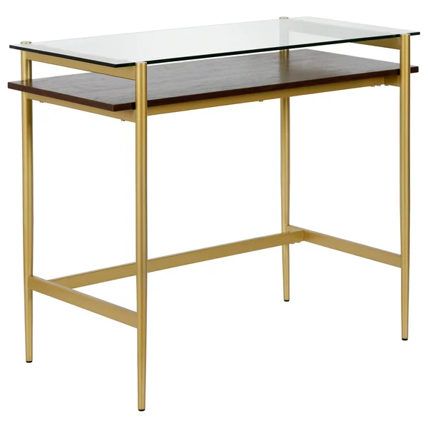 Hennu0026Hart 36x22 Brass Desk with Walnut Shelf