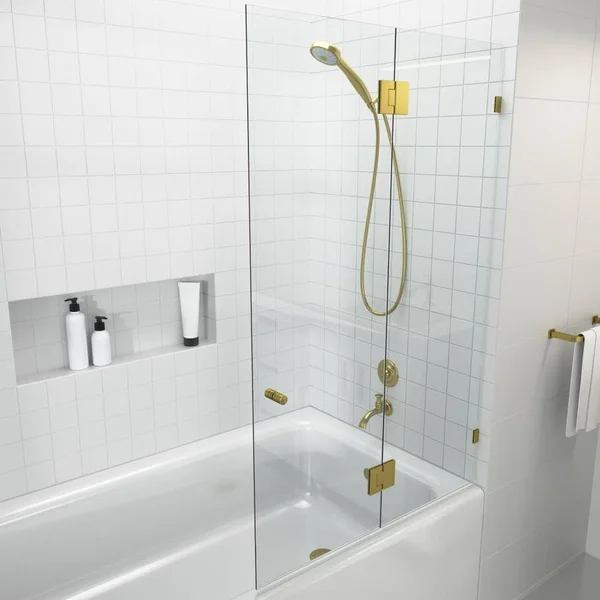 Glass Warehouse 34 in. x 58 in. Frameless Glass Hinged Bathtub Door in Satin Brass