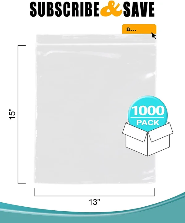 1000 Pack Clear Poly Zipper Bags 13x22 x 15x22 Heavy Duty Resealable Plastic Bags 2 Mil /w Single Track