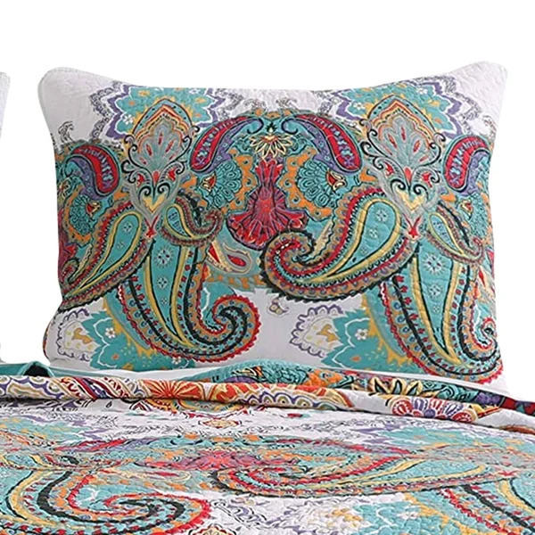Benjara BM42333 Cotton Quilt Set with Paisley Print Teal Blue - Twin Size - 2 Piece