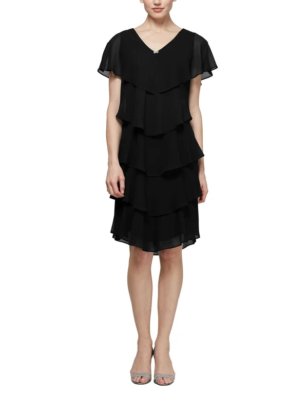 SL Fashions Chiffon Tiered Capelet Dress 12 Black