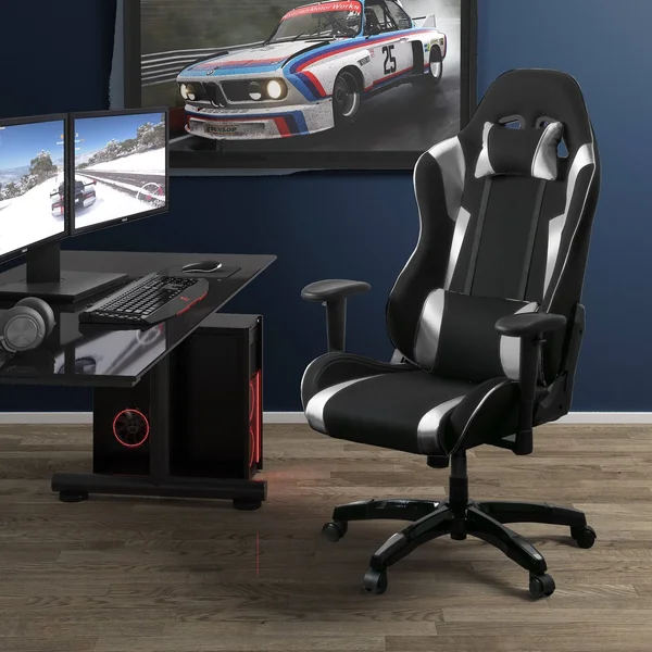 Porch & den Banton Bonded Leather - Fabric, and Mesh High-Back Ergonomic Gaming Chair - White/Blue
