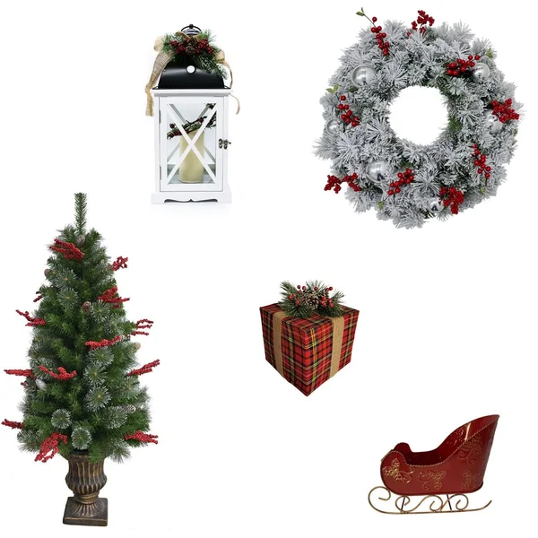 Fraser Hill Farm Tartan Christmas 5-Piece Decorating Kit: Frosted Wreath - Lightly Frosted Tree, Pre-Lit Lantern, Sleigh, and Gif