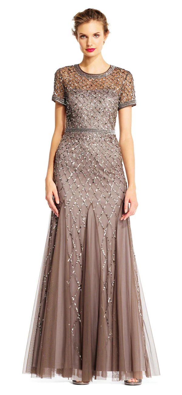 Adrianna Papell Floral-Beaded Gown Brown Size 10