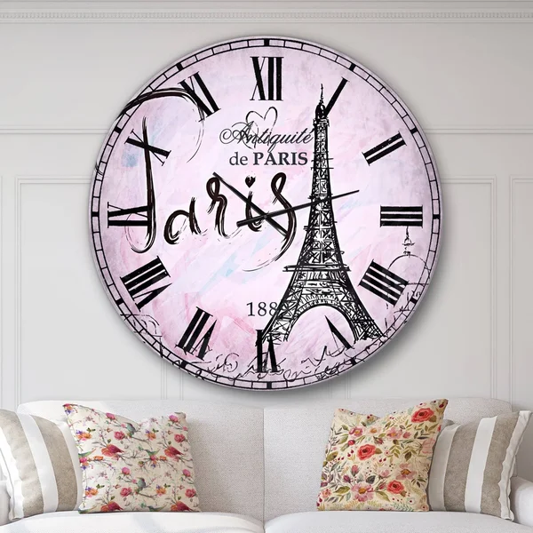 Designart 'Illustration with Paris Eiffel Tower' Vintage Oversized Wall Clock - 23 in. Wide x 23 in. High