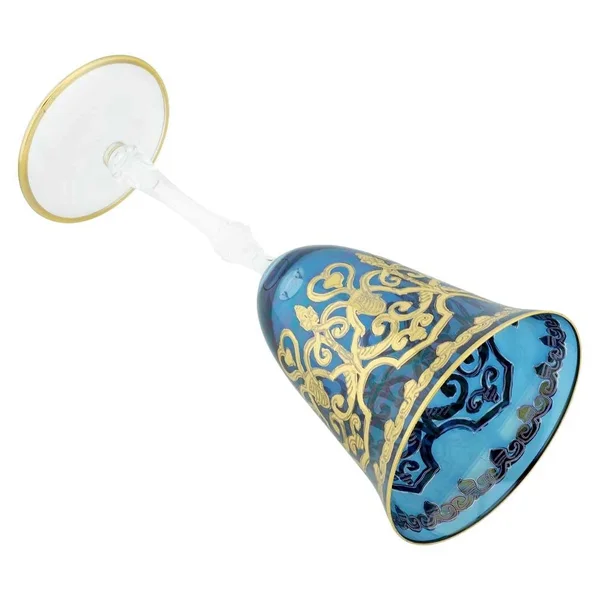 Set of Two Murano Glass Wine Glasses 24K Gold Leaf - Blue